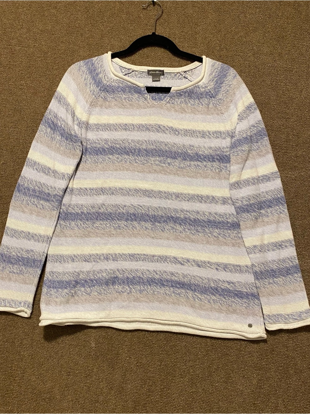 Eddie Bauer Womens L Knit Sweater Striped Split Neck Purple Blue Grey